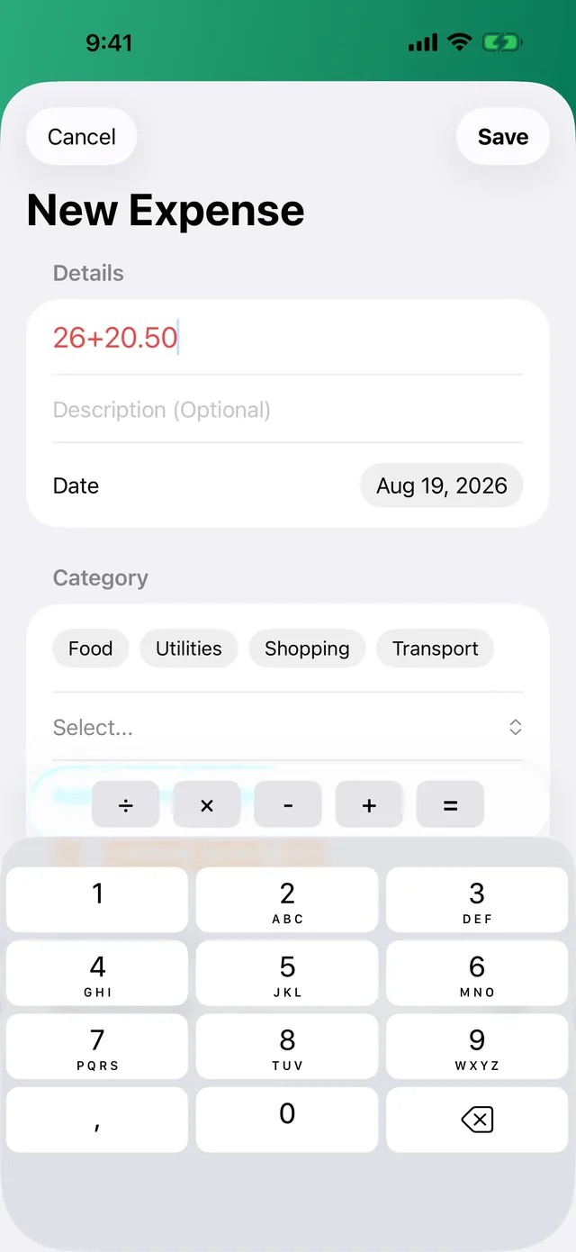 New expense screen with a live math expression in the amount field