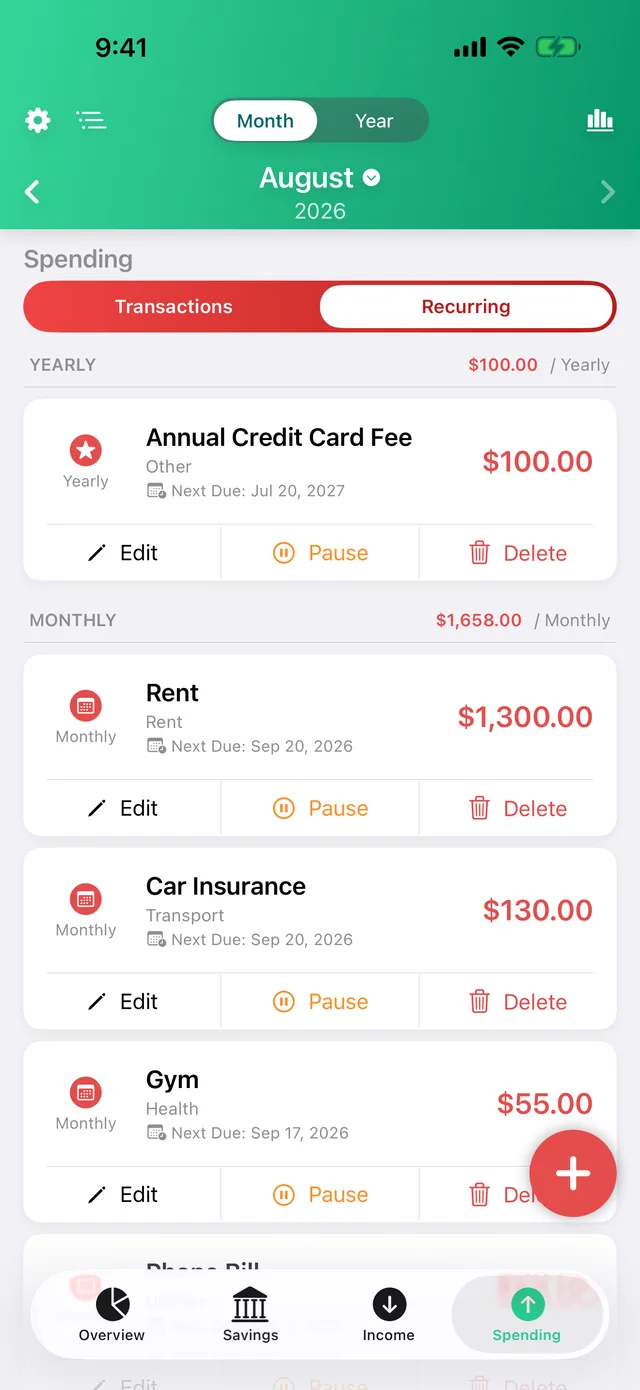 Recurring transactions list with rent, bills and salary